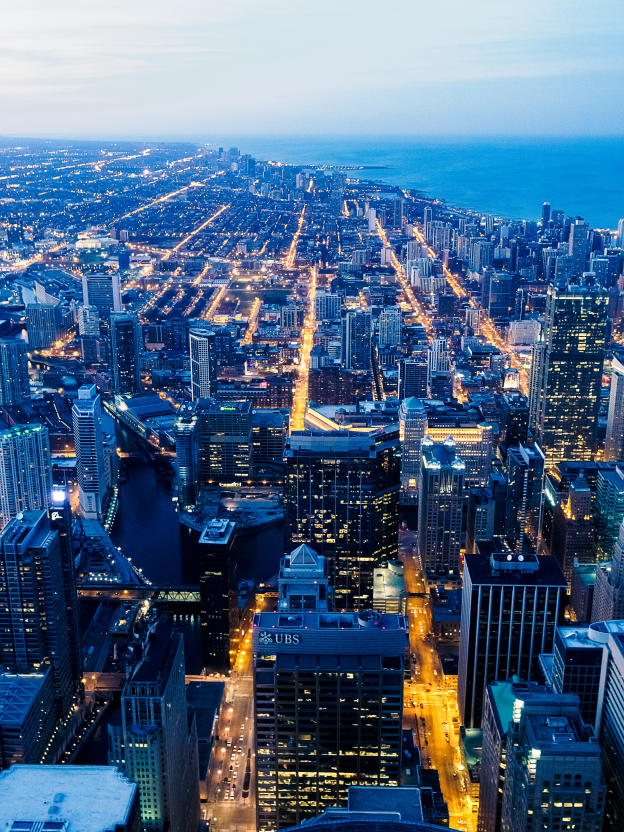 A look out over Chicago from Sears / Willis Tower just as the blue hour begins.