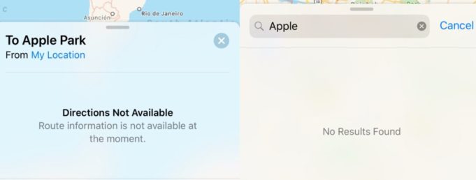 Aplikace od Apple Mapy obsahuje chybu, některé funkce nefungují
