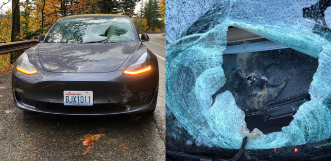 TeslaNovinky.cz – Majitel vozu Tesla Model 3 přežil nehodu poté, co na jeho auto spadl velký balvan