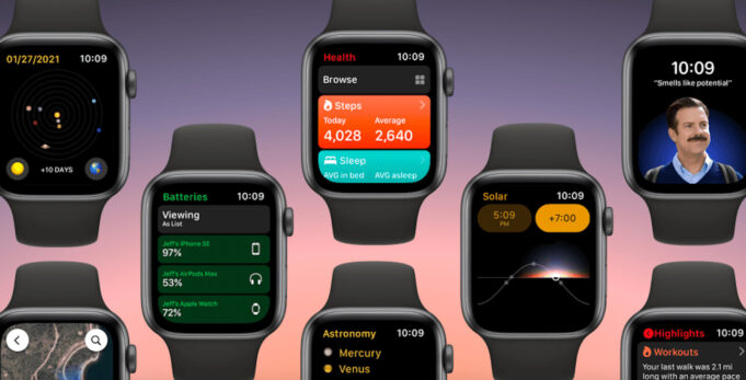 Koncept – watchOS 8 s novou aplikací Zdraví a widgety