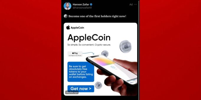 Pozor na falešné reklamy AppleCoin, které se objevují na X