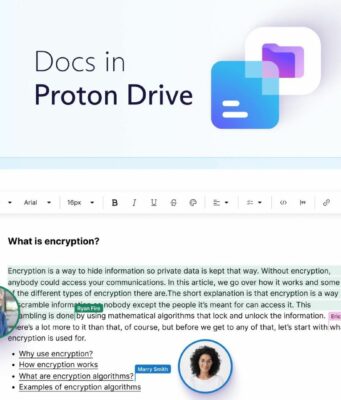 Proton Docs nabízí šifrované (E2E) vytváření dokumentů, úpravy a spolupráci
